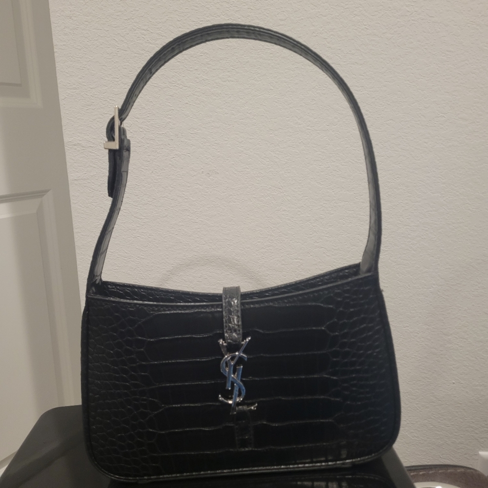 Yves Saint Laurent Black Croc-Embossed Shoulder Bag with YSL Logo